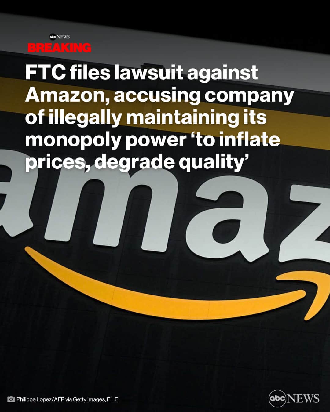 ABC Newsのインスタグラム：「BREAKING: The FTC has filed a lawsuit against Amazon, accusing the company of illegally maintaining its monopoly power "to inflate prices, degrade quality, and stifle innovation." MORE AT LINK IN BIO.」