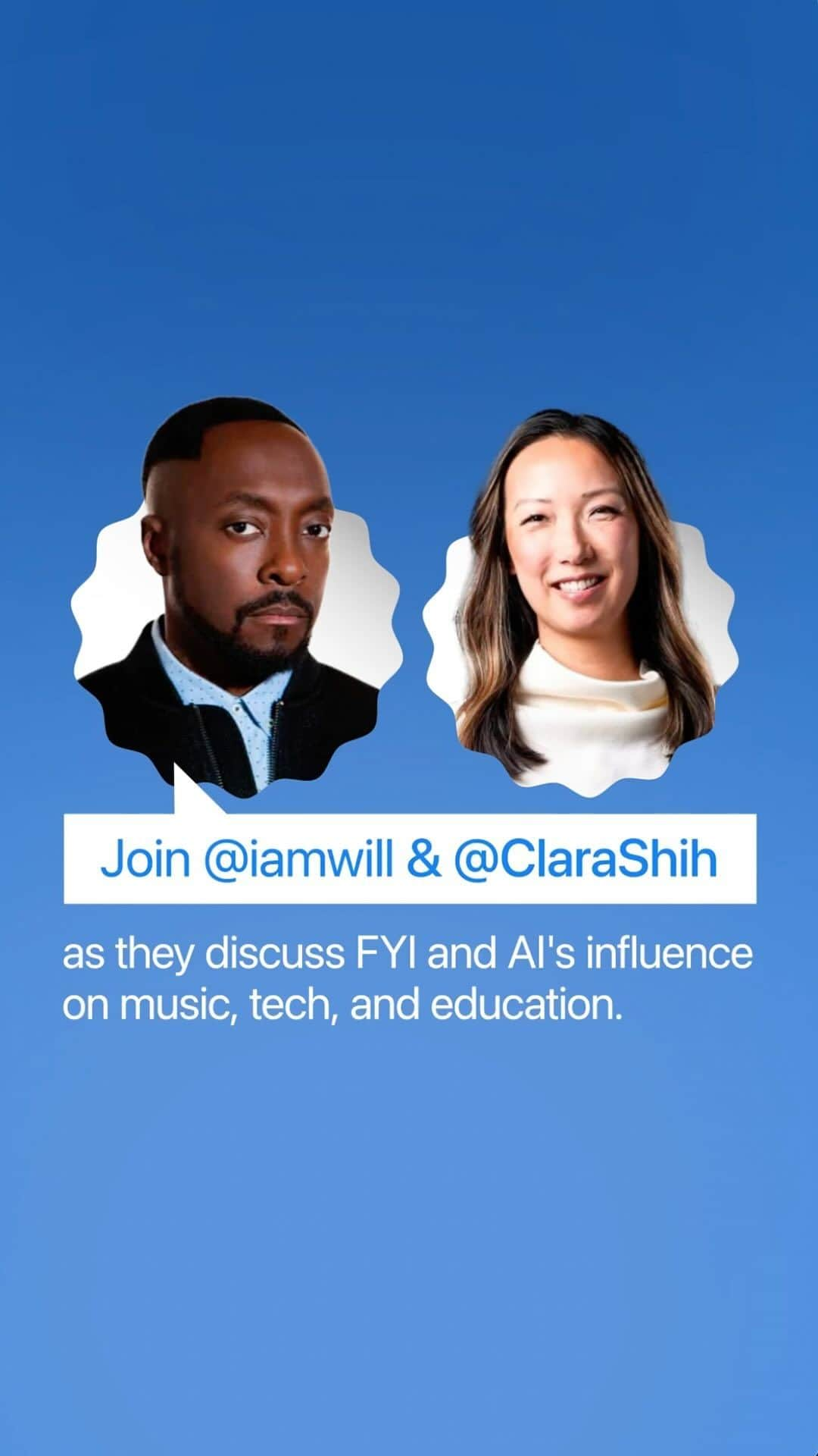 ウィル・アイ・アムのインスタグラム：「New podcast alert 🚨 Join @iamwill and @clarashih as they discuss FYI and AI’s influence on music, tech, and education. Watch now: https://bit.ly/ask_moreof_ai #AskMoreOfAI」