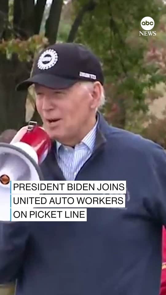 ABC Newsのインスタグラム：「BREAKING: Pres. Biden joins striking UAW members on the picket line in Wayne County, Michigan.  "The companies were in trouble, but now they're doing incredibly well, and guess what? You should be doing incredibly well, too." MORE AT LINK IN BIO.」