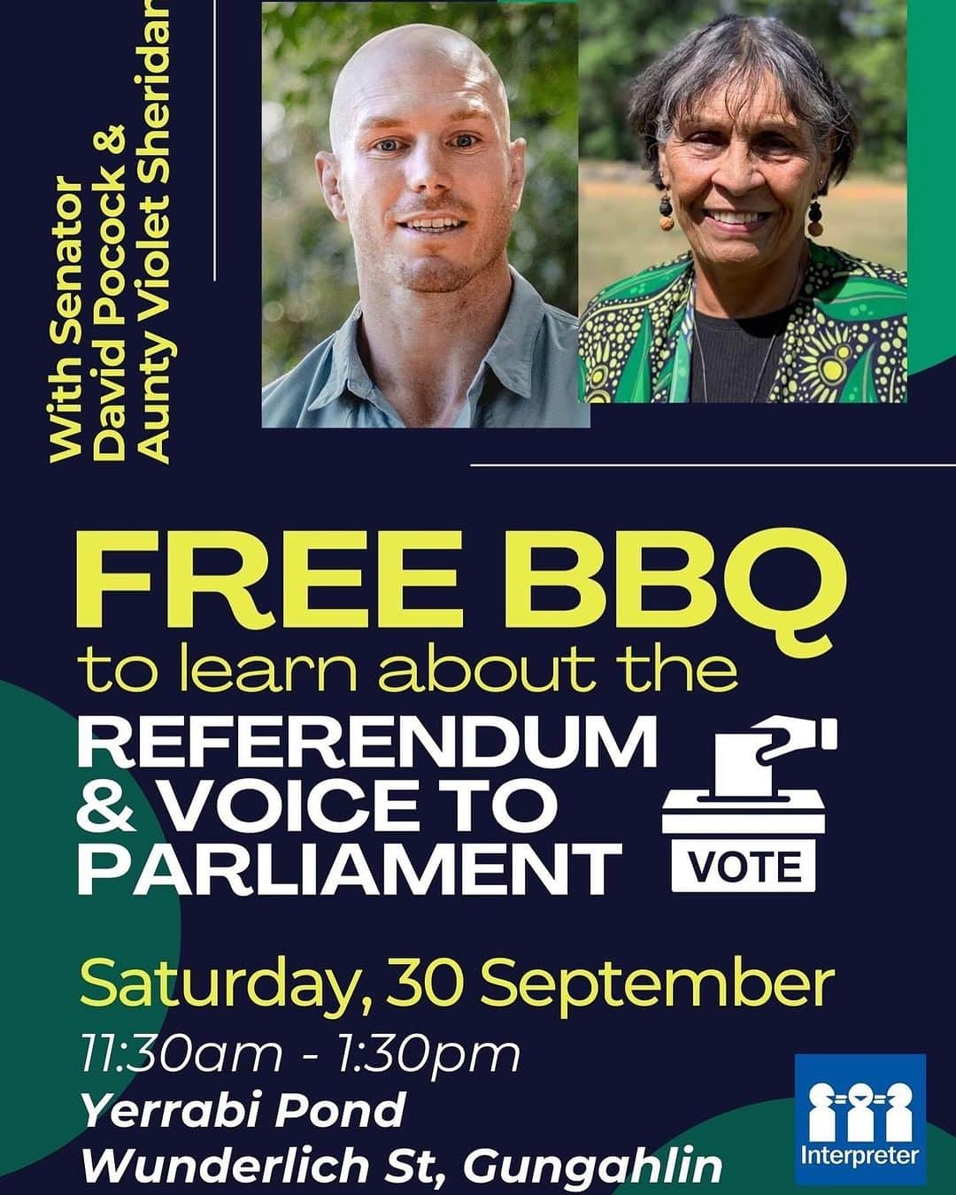 デビッド・ポーコックのインスタグラム：「Community BBQ to share info about the upcoming referendum.  Join me and Ngunnawal Elder, Aunty Violet Sheridan, to learn more about the Voice.  Yerrabi Pond Saturday 30 September 1130am - 130pm  Free food, a jumping castle for the kids, and live music.  Hope to see you there!」