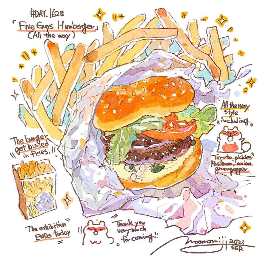 もみじ真魚のインスタグラム：「『#1628/「FIVE GUYS HUMBERGER（all the way）」』  もみじ真魚/MaoMomiji 2023年9月27日 02:26  "It's All Over, Today, on the 26th, at 19:00, my first solo exhibition in New York, "Itadakimasu" has ended successfully. Thank you very much to everyone who came and helped me! Please look forward to the next exhibition of Mao Momiji .  「全てが終わりました」 本日26日、19時を以って私の初めてのニューヨーク個展「いただきます」は無事に終了致しました。最高の6日間を過ごさせていただきました、来てくださった皆さま、手伝ってくださった皆様に心よりの感謝を、本当にありがとうございます！もみじ真魚先生の次回作にご期待ください。  #日刊ごはんが好き #foodie #foodieart #dailyilovefood  #毎日更新 #foodillustration #fooddrawing #もみじ真魚 #maomomiji #飯テロ #美食 #fiveguys #alltheway #onthefringe」