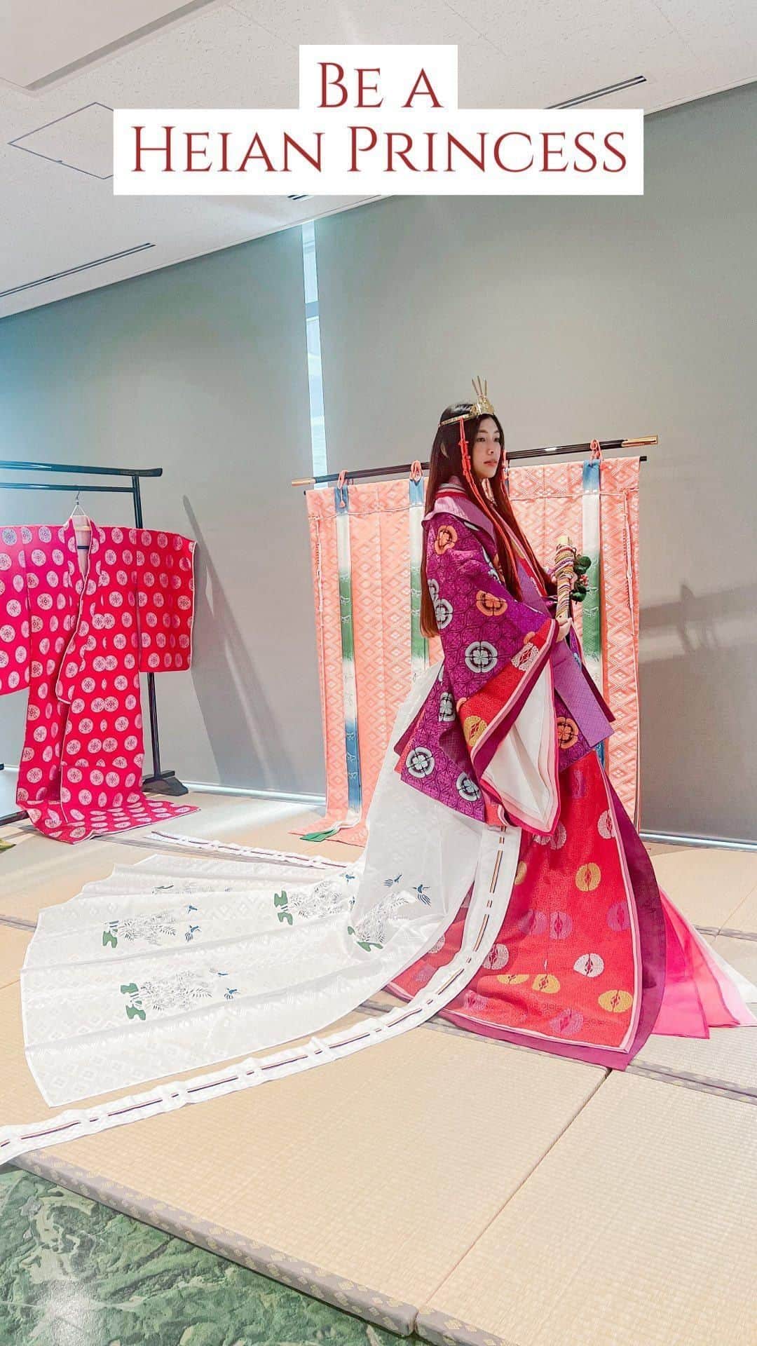 のインスタグラム：「【Heian Princess】  Many might not know this, but Hiraizumi is Iwate’s historical pride having been registered a World Heritage Site.  While the amazing stories are too long too fit into an IG caption, let’s just say that Hiraizumi is known to be “Kyoto of the North”, which abundance and power rivaled that of the imperial capital, Kyoto, back in the Heian Period under the influence of Oshu-Fujiwara clan.  As such, it is not surprising that an extremely luxurious experience: Junihitoe (literally twelve-layer kimono), can be enjoyed at the Esashi Fujiwara Heritage Park! Find out more from @esashi_heian.   Worn only by noblewomen in the Heian period, this regal experience lets you get a taste of how it is like to be an ancient Japanese princess.  The vivid shades of pink of the kimono are splendid, and this is one of the very unique things to try even the Japanese rarely experience. What do you think?  📍Hiraizumi Town, Iwate Prefecture   #iwate #hiraizumi #worldheritage」