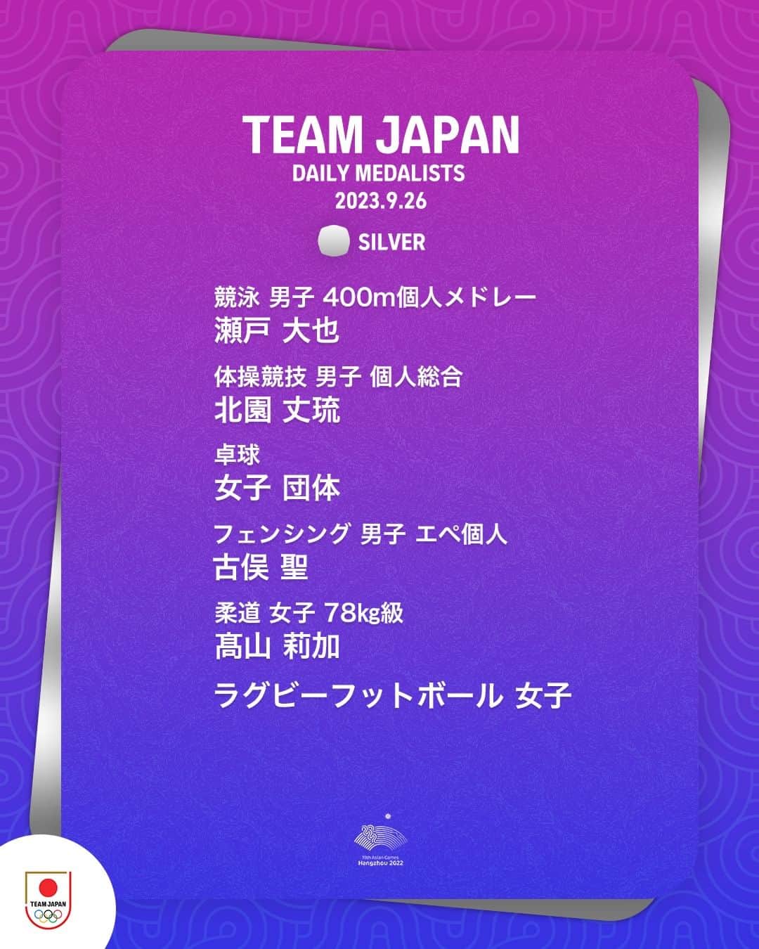 日本オリンピック委員会さんのインスタグラム写真 - (日本オリンピック委員会Instagram)「🥉🥈🥇DAILY MEDALISTS🥇🥈🥉  9月26日のTEAM JAPANは、 金メダル3つを含む合計16個のメダルを獲得🇯🇵  アジア大会の視聴はTBS📺 @tbstvs1 #HangzhouAsianGames #TEAMJAPAN #がんばれニッポン」9月27日 9時55分 - teamjapanjoc