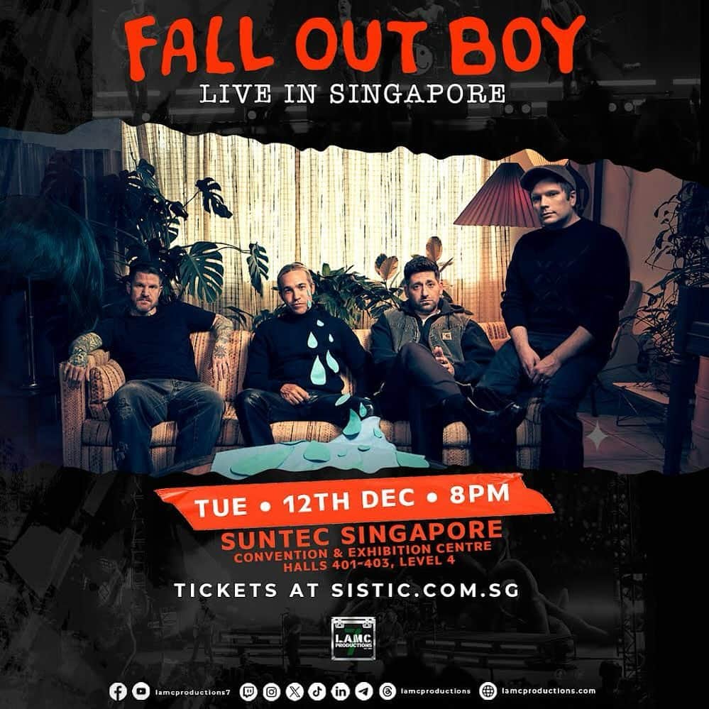 フォール・アウト・ボーイのインスタグラム：「told ya we might have one more show in Southeast Asia coming 😏🇸🇬 Singapore, see ya on December 12th at Suntec Singapore - tickets on sale Friday @ 10am」