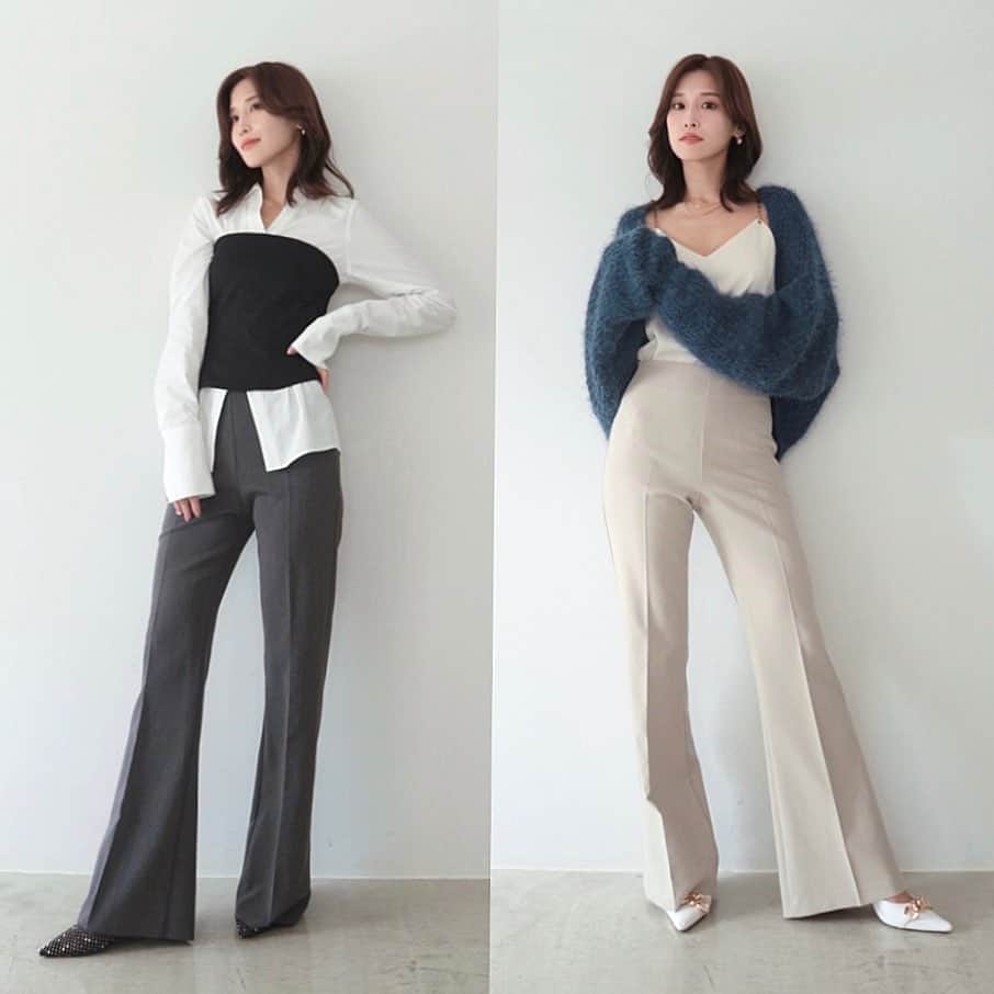 デュラスアンビエントのインスタグラム：「#ハイウエストスリムフレアパンツ <Ivory, Beige, Charcoal, Black> 【10/2(MON)20:00-】  スタイリッシュに美脚を叶える、キレイめパンツが登場。  裾に向かって広がるフレアシルエットで、膝下を長く見せ、センタープレスが縦長効果を発揮。  ウエスト周りはベルトを無くし、目立ちにくいサイドファスナーでシンプルな面持ちに拘りました。  ＿＿＿＿＿＿＿＿＿＿＿ ✔︎ @ambient_styling #AMBIENT #ambient_official #ambientstyle #アンビエント #23aw #フレアパンツ #きれいめパンツ #お呼ばれコーデ #オフィスカジュアル」