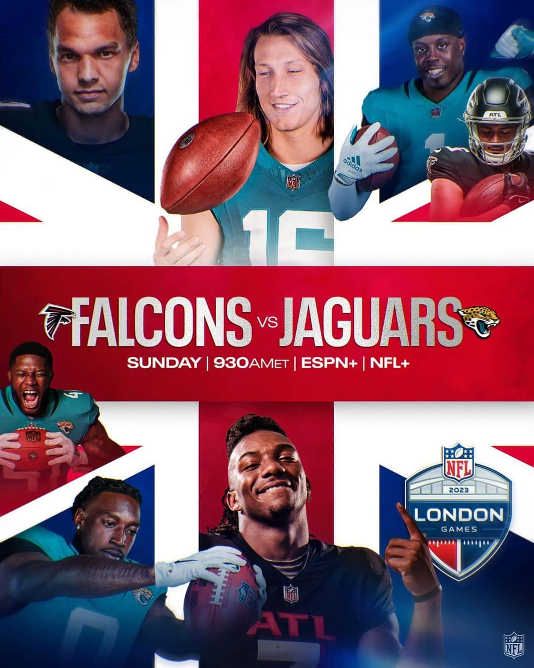 NFLのインスタグラム：「London baby 🇬🇧 #NFLLondonGames @NFLUK  #ATLvsJAX -- Sunday 9:30am ET on ESPN+ Also available on #NFLPlus」