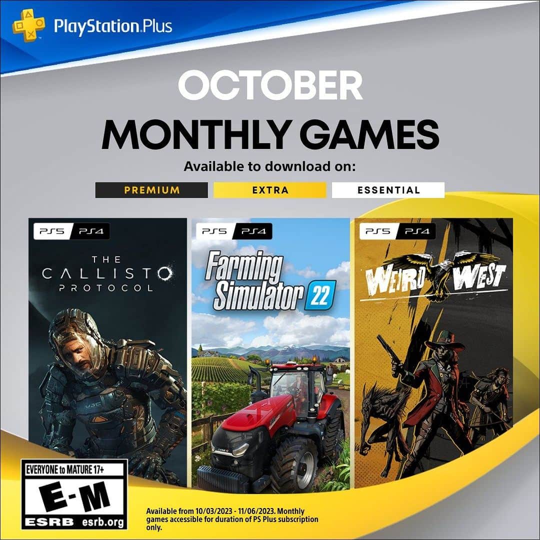 PlayStationのインスタグラム：「The PlayStation Plus Monthly Games for October are:  ➕ The Callisto Protocol ➕ Farming Simulator 22 ➕ Weird West  Head to PlayStation Blog for full details.」
