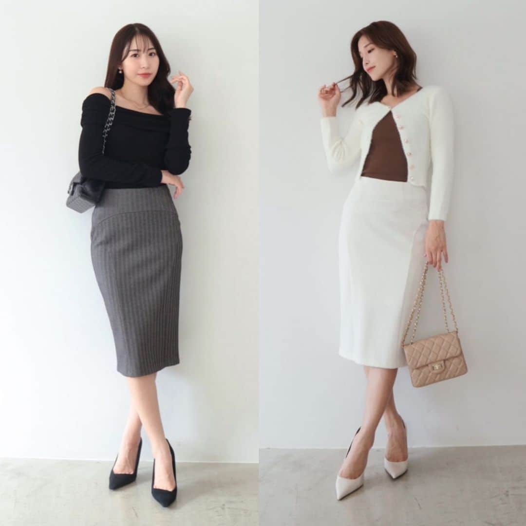 デュラスアンビエントのインスタグラム：「#カッティングストレッチタイトスカート <Ivory, Black, Mix> 【10/4(WED)20:00-】  オンオフ着られる、秋のキレイめスカートが登場。  サラッとしつつも温かみのある生地感と、どこかクラシカルな印象のヘリンボーン柄が、深みを増す秋冬の雰囲気にマッチ。  膝丈で品よく、装飾を削ぎ落としたシンプルなデザインは、デイリーからオフィスシーンまで幅広くお使いいただけます。  ＿＿＿＿＿＿＿＿＿＿＿ ✔︎ @ambient_styling #AMBIENT #ambient_official #ambientstyle #アンビエント #23aw #秋服コーデ #スカート #タイトスカート」