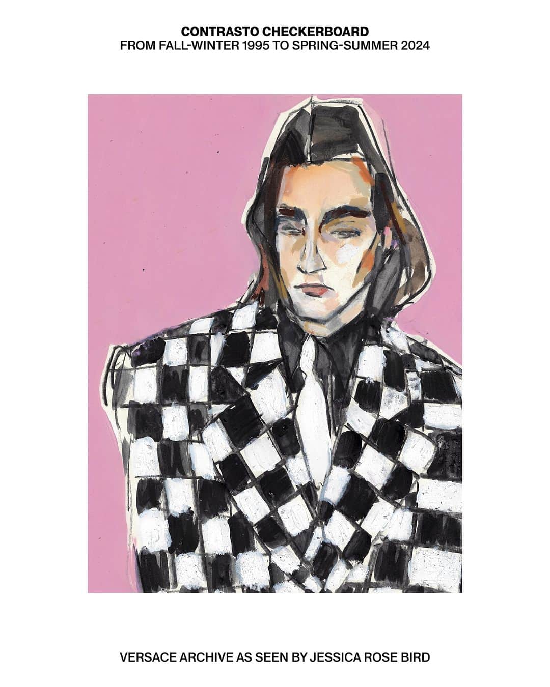 ジャンニヴェルサーチのインスタグラム：「Sketch of the Versace Fall-Winter 1995 checkerboard motif that inspired the Contrasto checkerboard of Spring-Summer 2024.  As seen by artist and fashion illustrator, Jessica Rose Bird.  #VersaceSS24」