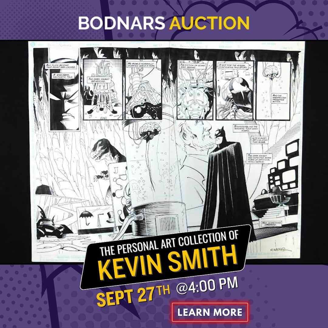 ケヴィン・スミスのインスタグラム：「TODAY AT 4pmEST / 1pmPST! I’m auctioning off my personal collection of comic book art with the good folks at @bodnarsauction! Amazing pages by Miller, Quesada, Wagner, Hester, and so many more great artists! Choose from Daredevil, Green Arrow, The Sandman, Mage, Justice League, Batman and other legendary titles! Go to https://www.bodnarsauction.com/auction/comic-art-the-personal-collection-of-kevin-smith/ to see and bid on the entire collection or to watch the live auction TODAY! #KevinSmith #comicbookart #auction」