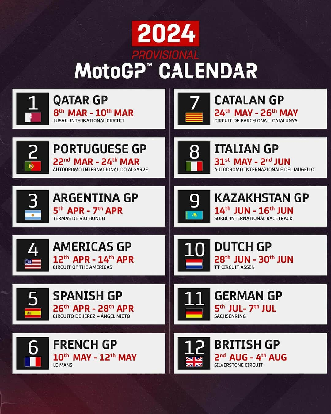 MotoGPさんのインスタグラム写真 - (MotoGPInstagram)「The provisional 2024 #MotoGP Calendar in all its glory! 👆 Which round are you most looking forward to? 😎  #MotoGP2024 #Motorcycle #Racing #Motorsport」9月27日 18時40分 - motogp