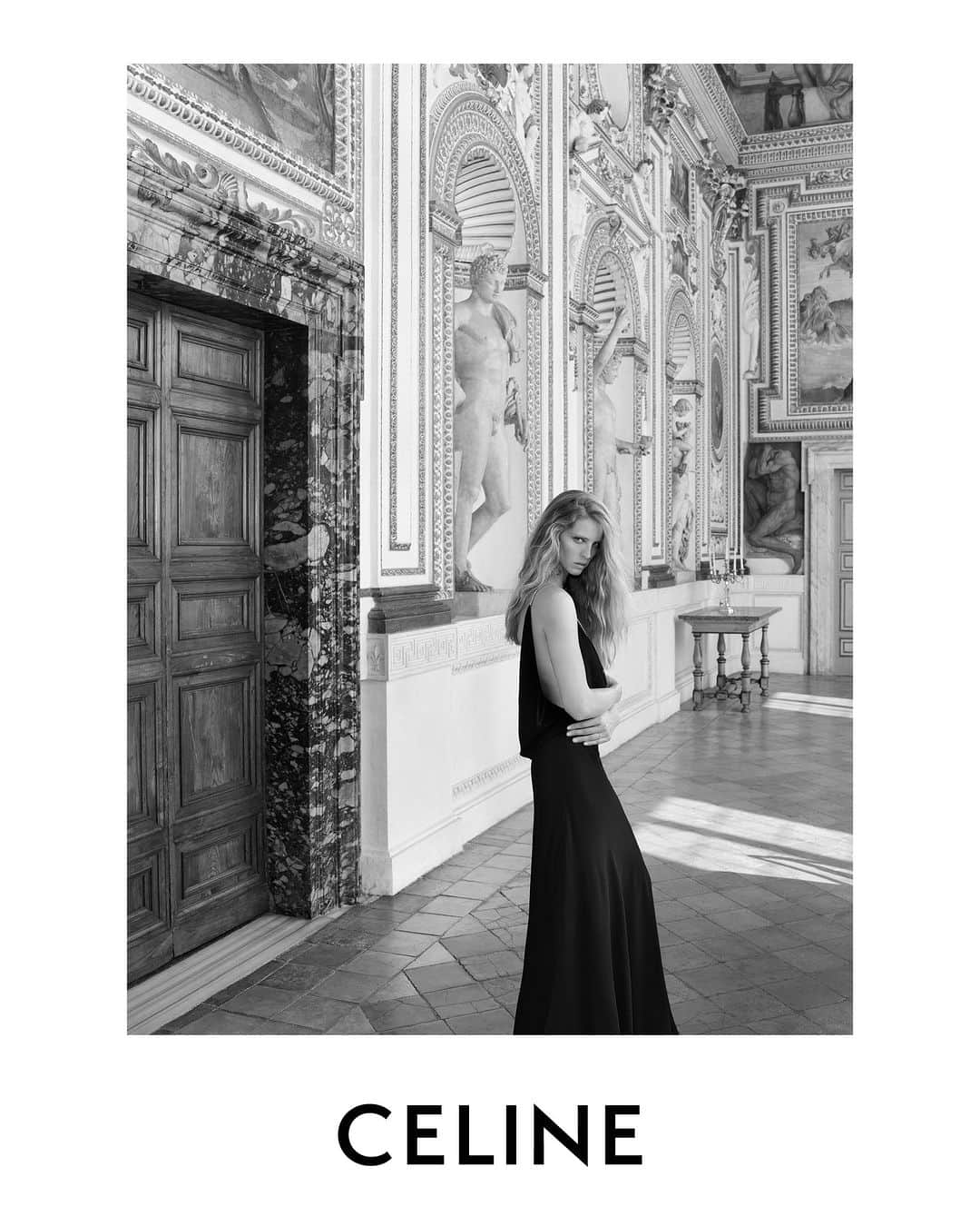 Celineのインスタグラム：「LA COLLECTION DES GRANDS CLASSIQUES CELINE SESSION 07  CELINE SILK DRESS  COLLECTION AVAILABLE NOW IN STORES AND ON CELINE.COM  ABBY @HEDISLIMANE PHOTOGRAPHY AND STYLING ROME SEPTEMBER 2023  PALAZZO FARNESE   CELINE’S LATEST WOMEN’S CAMPAIGN FOR LA COLLECTION DES GRANDS CLASSIQUES HAS BEEN PHOTOGRAPHED BY HEDI SLIMANE IN ROME IN SEPTEMBER 2023 AT PALAZZO FARNESE.   FOR THE FIRST TIME EVER, A COUTURE HOUSE HAS GAINED ACCESS TO THE PALACE.  PALAZZO FARNESE, A RENOWNED ROMAN PALACE, DESIGNED BY ANTONIO DA SANGALLO IL GIOVANE, BUILT IN THE 16TH CENTURY AND COMPLETED BY MICHELANGELO, IS AN EXAMPLE OF HIGH RENAISSANCE ARCHITECTURE.  HOME TO NUMEROUS MASTERPIECES COMBINING PAINTINGS, SCULPTURES AND ARCHITECTURE;  GALLERIES ARE DECORATED WITH FRESCOS INCLUDING THE MONUMENTAL FRESCO CYCLE BY ANNIBALE CARRACCI, WALLS ARE EMBELLISHED WITH TAPESTRIES AMONGST DECORATED SARCOPHAGUSES AND ROMAN SCULPTURES.   THE PALACE HAS BEEN THE FRENCH EMBASSY’S RESIDENCE IN ITALY SINCE 1874.  #CELINEBYHEDISLIMANE」