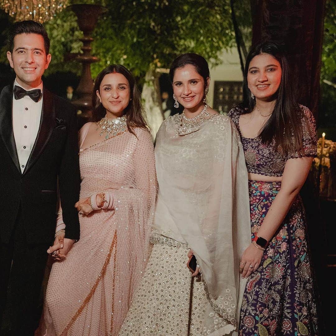 サニア・ミルザのインスタグラム：「Congratulations to my dearest @parineetichopra and @raghavchadha88 ❤️ May your new chapter be as beautiful as your wedding was 🥲 love you always Parriii .. Agguuu forever 🤗」