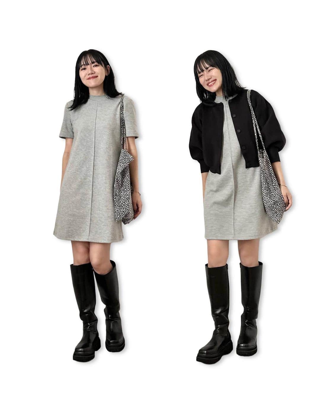 のインスタグラム：「ㅤㅤㅤㅤㅤㅤㅤㅤㅤㅤㅤㅤㅤ ㅤㅤㅤㅤㅤㅤㅤㅤㅤㅤㅤㅤㅤ knit dress : #zara cardigan : #dotandstripes bag : #hay boots : #evol ㅤㅤㅤㅤㅤㅤㅤㅤㅤㅤㅤㅤㅤ ZARAで3990円だったミニワンピ❣️ 安いし着てみよ〜って試着してみたら形めちゃ可愛くて即決🥹🫶🏻色違いも買いたい！ ㅤㅤㅤㅤㅤㅤㅤㅤㅤㅤㅤㅤㅤ 今年はとにかくグレーを集めてます🩶 ㅤㅤㅤㅤㅤㅤㅤㅤㅤㅤㅤㅤㅤ #kaho_fashion」