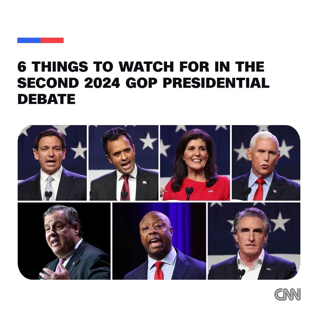 CNNさんのインスタグラム写真 - (CNNInstagram)「Seven Republicans vying to be their party’s top alternative to Donald Trump in the 2024 race could seek to make the former president the central character in their second primary debate – even as Trump is skipping the California showdown for a rally in Michigan.  Florida Gov. Ron DeSantis, former South Carolina Gov. Nikki Haley, South Carolina Sen. Tim Scott, former Vice President Mike Pence, entrepreneur Vivek Ramaswamy, former New Jersey Gov. Chris Christie and North Dakota Gov. Doug Burgum are set to take the stage at the Ronald Reagan Presidential Library in Simi Valley, California.  The debate, is scheduled for 9 p.m. ET and hosted by Fox Business and Univision.  Click the link in our bio for more.   📸: Getty Images」9月27日 21時42分 - cnn
