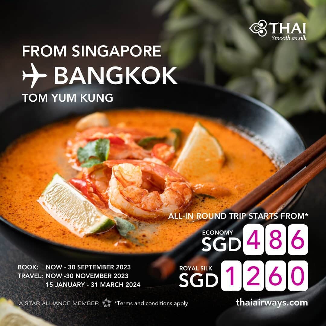 タイ航空のインスタグラム：「✈️ Ready for your next adventure from Singapore to Thailand? 🏝️ Exceptional Savings Await! ✨  💺Economy Class Round Trip starting from just SGD 486* 💺Elevate your journey with Business Class from SGD 1260*  Limited-Time Deals!! – Book your tickets now 👉🏻our bio link or thaiairways.com and embark on an extraordinary journey! ✈️🌴   📅 Sale period: Now till September 30, 2023 🌍 Travel period: Now till November 30, 2023 & January 15 - March 31, 2024 *Terms and conditions apply.  #thaiairways #smoothassilk #singapore #bangkok #TravelDeals #SingaporeToThailand #ExploreMore #tomyumkung #tomyumgoong」