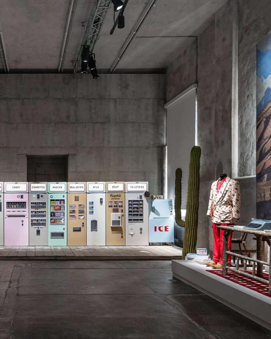 HYPEBEASTさんのインスタグラム写真 - (HYPEBEASTInstagram)「Step inside @asteroidcity, Wes Anderson‘s pastel-infused Western dystopian desert city 🌵🏜️⁠ ⁠ Housed in one of Milan's most iconic galleries, @fondazioneprada, the immersive exhibition is equipped with props, costumes, and artwork that the director used in his eleventh feature film. Adamant about staying away from CGI for the movie, Anderson enlisted a full crew to build the city from the ground up. ⁠ ⁠ Pastel vending machines stand out, each stamped with a different necessity – from cigarettes and soup to cocktails and toiletries – and billboards, flags and street signs are adorned throughout the space, alongside original costumes and accessories.⁠ ⁠ The exhibition opened over the weekend and will remain on display through January 7. Swipe through for a closer look.⁠ Photo: Fondazione Prada」9月27日 22時50分 - hypebeast