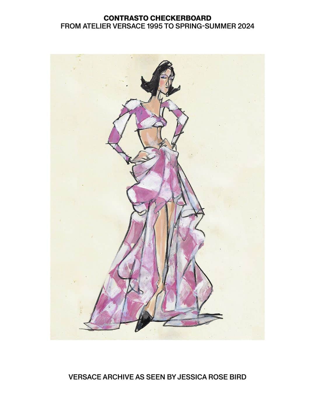ジャンニヴェルサーチのインスタグラム：「Sketch of the Atelier Versace 1995 checkerboard motif that inspired the Contrasto checkerboard of Spring-Summer 2024.  As seen by artist and fashion illustrator, Jessica Rose Bird.  #VersaceSS24」