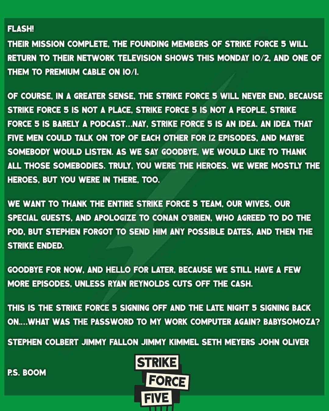 ジミー・キンメルのインスタグラム：「A note from Stephen, Jimmy, Jimmy, Seth & John! ⚡️」