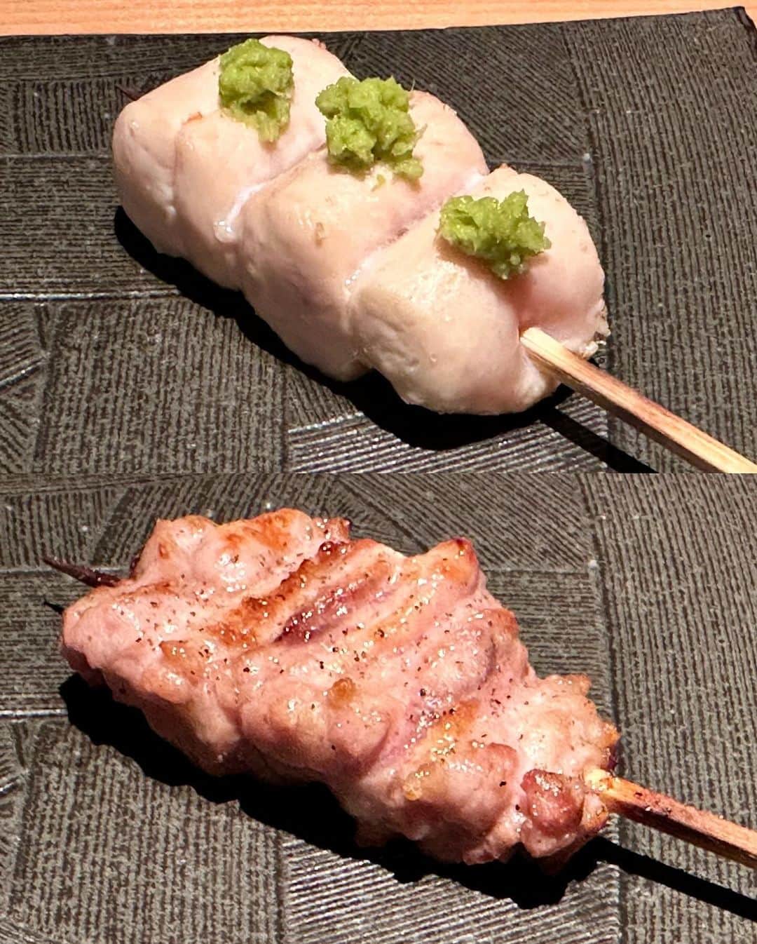秋山具義さんのインスタグラム写真 - (秋山具義Instagram)「神楽坂『焼鳥 茜』。 ⁡ 林裕太大将の焼鳥とお料理の大ファンで、今日も全てが最高に美味しかった！ へべすが入った手羽先、素晴らしかった！ わさびにグリーンレモンピールが爽やかで美味しくて、わさびの新たな可能性を感じました！ 鹿児島出身の茜さんのさつま揚げも大好きすぎです！ 炭火が香ばしい、飲める親子丼、大オススメです！ ⁡ ⁡ 【お料理と〆】 ささみの湯引き 柿と春菊の白和え 胸肉 茹で落花生 砂肝の銀皮のやわらか煮 さつま揚げ(玉葱と胡麻、韮と人参、クミンとチーズ) 神楽南蛮の肉詰め オレンジチェリーという品種のほおずき 手羽元おろしポン酢 炭火が香ばしい飲める親子丼 鶏節塩そぼろミニ茶漬け ⁡ 【串】 ささみさび焼き わさびにグリーンレモンピール せせり 銀杏 手羽先 へべす入り 砂肝 山椒の香り やげん軟骨 ちょうちん  #焼鳥茜 #具義焼鳥2023 #具義丼2023 #具義神楽坂2023」9月28日 0時00分 - gugitter