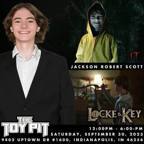 ジャクソン・ロバート・スコットのインスタグラム：「Hey Everyone! I’m going to Indianapolis, Indiana for a family wedding, and will also be doing a signing at The Toy Pit collectibles store from 12pm - 6pm, this Saturday 9/30. I’d love to see you!   9402 Uptown Dr Unit 1600 Indianapolis, IN  46256 United States  yourtoypit.com  You definitely gotta come check this amazing store out when you’re here! You’ll never know what you’ll discover! 🎈💀🗝️ #it #Lockeandkey」