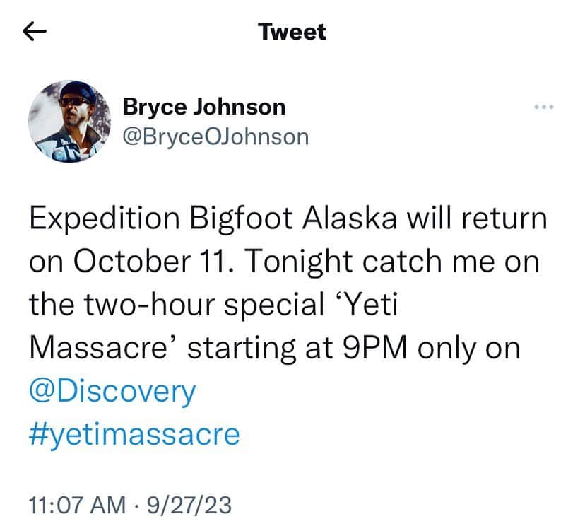 ブライス・ジョンソンのインスタグラム：「Just like it says @discovery channel is getting spooky over these next two weeks by airing ‘Yeti Massacre’ tonight at 9/8c (which I am in, and you don’t want to miss) and next Wednesday will be an all new Ghost Adventures.  Expedition Bigfoot Alaska will return to its normal date & time on October 11th at 10pm. 👊🏼💎 . . . #yetimassacre  #expeditionbigfoot #expeditionbigfootseason4  #expeditionbigfootalaska」