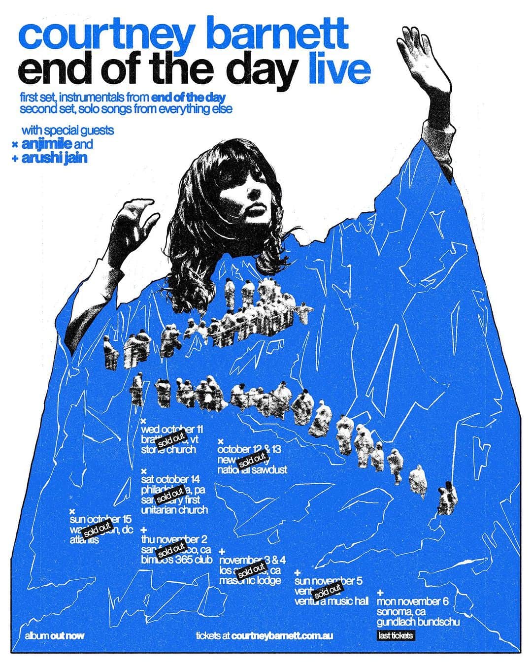 コートニー・バーネットのインスタグラム：「Excited to have Arushi Jain @modularprincess and @anjimile joining for the •End Of The Day• live shows💚 There are a few final tickets available for Sonoma, everywhere else is sold out 💙 Any song requests for my solo set?? Poster by @sebi.white Photo by @poonehghana」