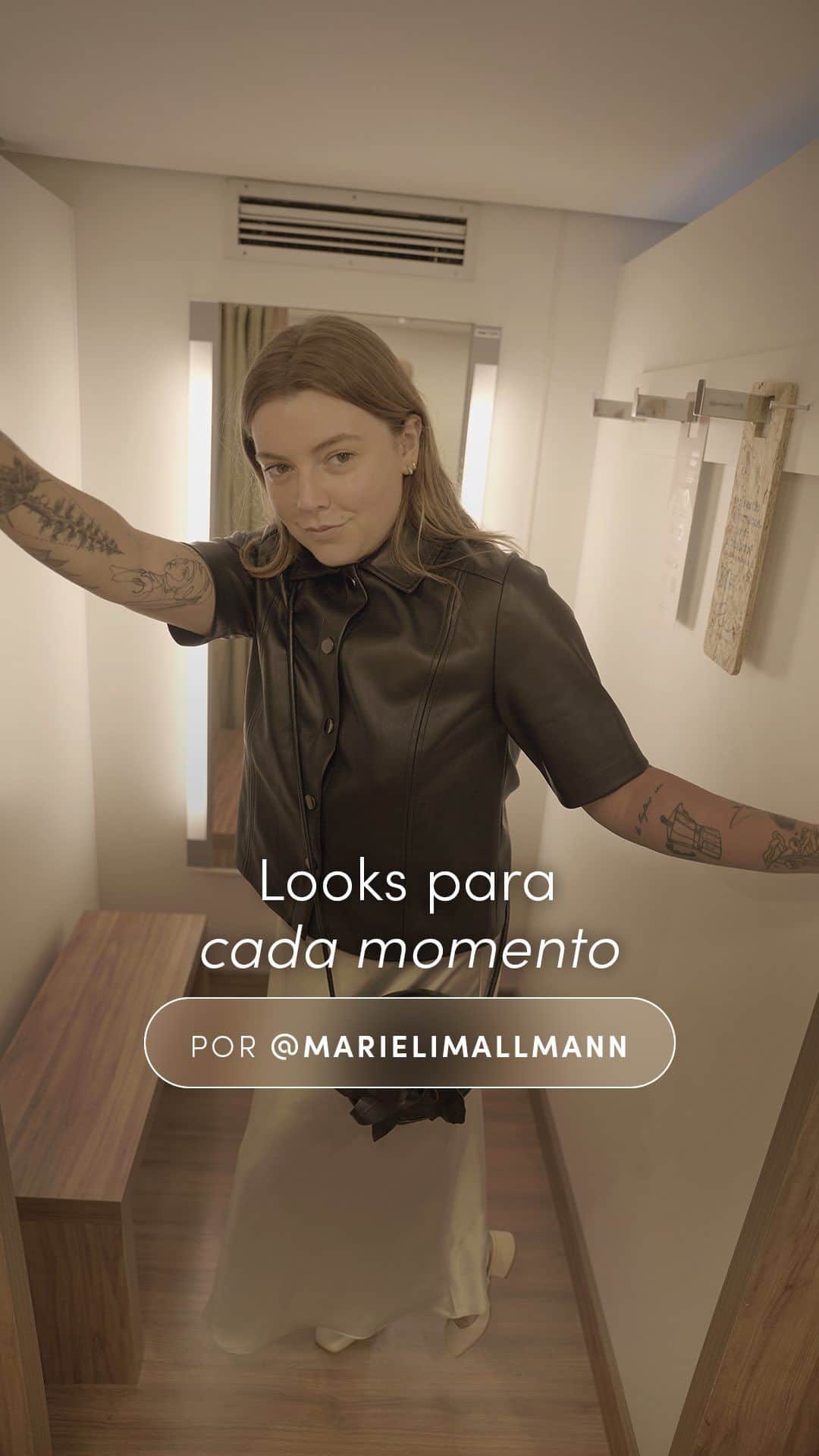 ロジャス・レナーのインスタグラム：「Sabe aquele momento que pede um look perfeito? Nos nossos provadores, a @marielimallmann mostra como se sente poderosa com suas produções que expressam cada fase da sua vida. 🥰 Inspire-se e encontre nas lojas peças que combinam com o seu estilo. #SquadTáNaRenner #TôDeRennerTôIncrível #LooksPoderosos #LookInspiração #ModaFeminina ​  ​vestido midi chemise 835848501 | sapato em PU com amarração 854445425 | camisa em material sintético 812455799 | bolsa redonda com adorno em formato de flor 861662090 | saia new midi evasê 874248541 | blazer alongado em viscose 622835299 | calça pantalona 806447320 | sapatilha mule 853246619 | camisa manga longa em tricoline 842448274 | bolsa transversal 631815791」