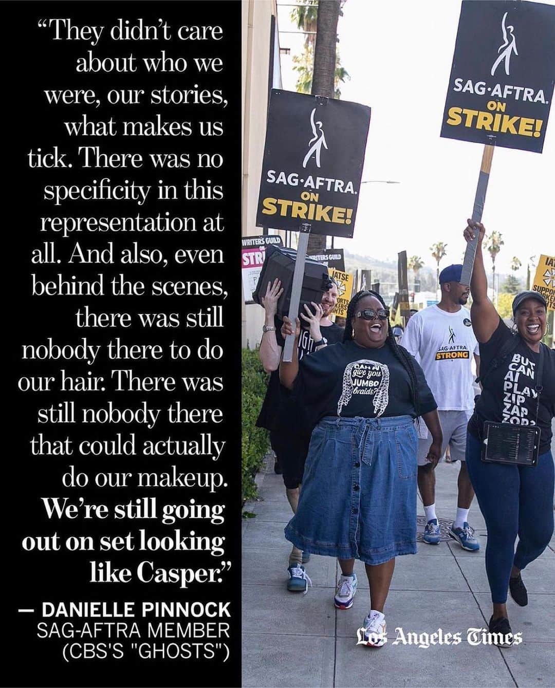 シンシア・マクウィリアムズのインスタグラム：「Thank you @hashtagbooked for always repping hard for US!  • Thank you @latimes_entertainment for giving us a platform to talk about the things important to us as black actors during this strike. erika_d_smith you mean the world to us! 😭😩 Article Link in Bio.   #SagAftraStrong #strike #WGA」
