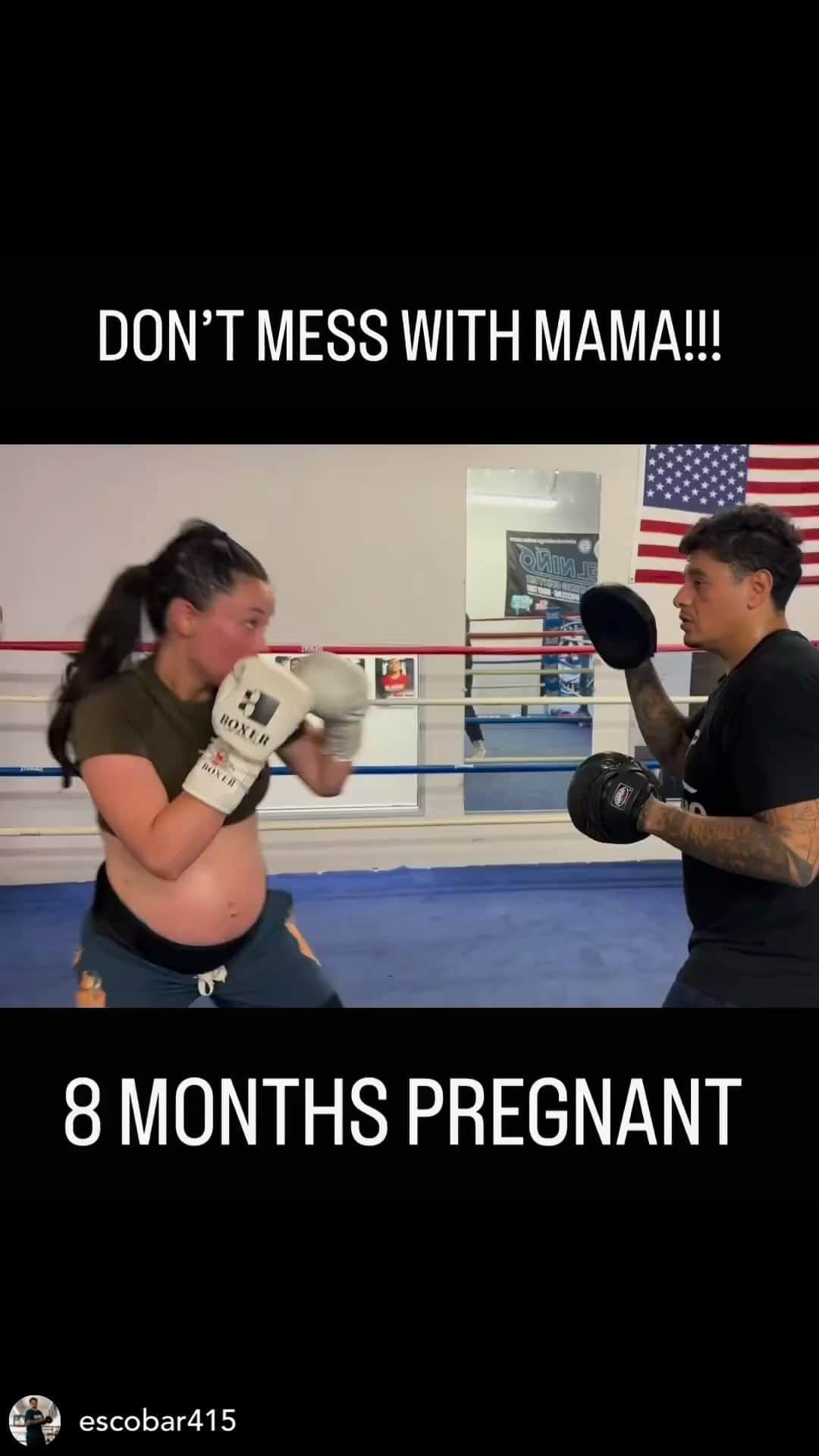 真珠・野沢オークライヤーのインスタグラム：「From flyweight to welterweight 🤰🏻 ready to scrap on the playground if any moms wanna get it 🤣  Posted @withregram • @escobar415 My girl @shinju_auclair 8 months pregnant and still getting this work in!!!!! 🔥🔥🔥🔥 #boxing #boxeo #health #fitness #fit #fitlife #mitts #mittwork #padwork #sanfrancisco #bayarea #boxinghype #boxingfanatik #pads #youth #dedication #motivation #discipline #hardwork #escobarboxing #cardio #defense #champion #wbc #usaboxing #showtime #fighter #combat #elniñotrainingcenter」