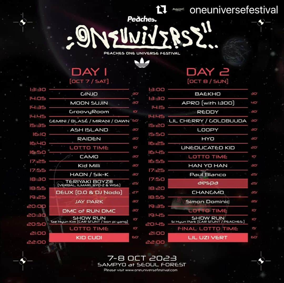 WISEのインスタグラム：「Time table for @oneuniversefestival  🎤🎤🎤🎤🇰🇷  #Repost @oneuniversefestival with @use.repost  ・・・  「OUF 2023」タイムテーブル   歴代級ラインナップの国内外アーティストパフォーマンスからカースタントショーまで特別な見どころで満たされた「ONE UNIVERSE FESTIVAL 2023」のタイムテーブルを公開します。   [Ticket & Entrance Info]  - チケットブース運営：11:30～21:00  - 入場ゲートオープン：12:30   「ONE UNIVERSE FESTIVAL 2023」  2023/10/07(Sat) - 2023/10/08(Sun)  SAMPYO@SEOUL FOREST  www.oneuniversefestival.com   #OUF #OUF2023 #ワンユニバースフェスティバル  'OUF 2023' Timetable  역대급 라인업의 국내외 아티스트 퍼포먼스부터 박진감 넘치는 카 스턴트 쇼까지 특별한  볼거리로 가득 채워진 'ONE UNIVERSE FESTIVAL 2023’의 타임테이블을 공개합니다.  [Ticket & Entrance Info] - 티켓 부스 운영: 11:30 ~ 21:00 - 입장 게이트 오픈: 12:30  'ONE UNIVERSE FESTIVAL 2023' 2023/10/07 (Sat) - 2023/10/08 (Sun) SAMPYO @ SEOUL FOREST www.oneuniversefestival.com  #OUF #OUF2023 #원유니버스페스티벌」