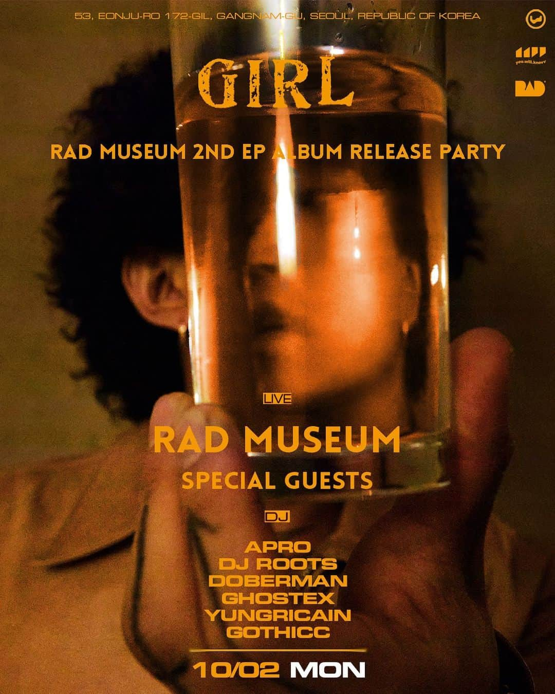 オジクのインスタグラム：「23.10.02 (MON)  RAD MUSEUM 2ND EP ALBUM [GIRL] RELEASE PARTY  @radmuseum  @vitaapgu   LIVE  RAD MUSEUM @radmuseum   SPECIAL GUESTS  DJ's  APRO @aproavenue  DJ ROOTS @djrootskr  DOBERMAN @arcs.doberman  GHOSTEX @ghostexx  YUNGRICAIN @yungricain  GOTHICC @ccgothicc   Open : 10:00pm to late  💊Entrance fee : 10,000KRW  💊Free Entry Before 11pm / 11시 전 무료입장 💊Table Reservation : Link in bio (Open kakao) 💊Address : 서울특별시 강남구 언주로172길 53 / 53, Eonju-ro 172-gil, Gangnam-gu, Seoul, Republic of Korea 💊No Minors Allowed // 04년생부터 입장가능  #vita」