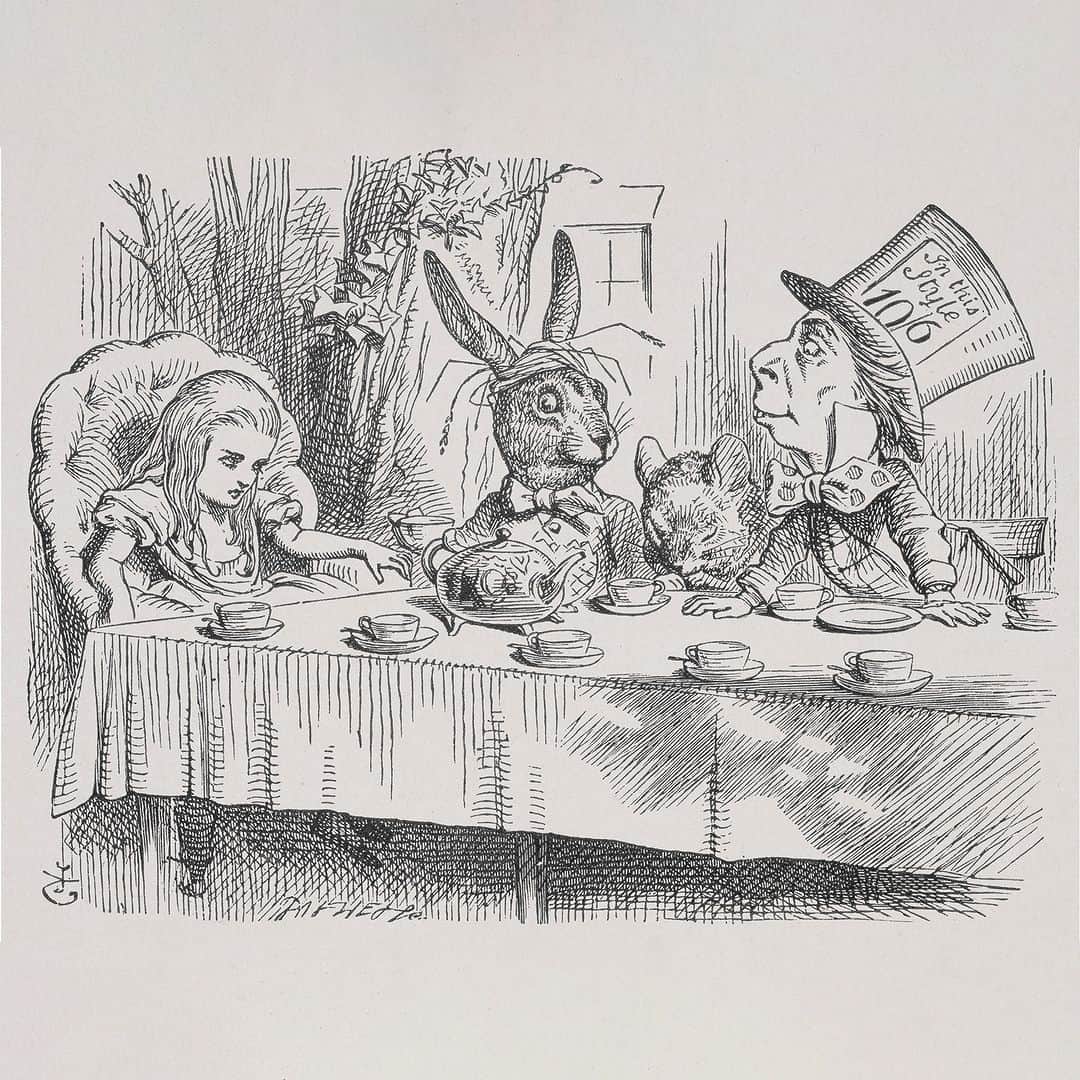 大英博物館のインスタグラム：「‘We're all mad here!’ 🐰 🎩  The Mad Hatter’s tea party is one of the most memorable scenes from Lewis Carroll’s surreal story, ‘Alice’s Adventures in Wonderland’ 🃏  This magical illustration, which shows Alice’s escapades, are the work of Sir John Tenniel (1820–1914) and the Dalziel Brothers (1839–1905).  From the fierce Jabberwocky to the dastardly Red Queen, who is your favourite of Carroll’s characters?  🔎 Sheet of four proof images illustrating Lewis Carroll's 'Alice's Adventures in Wonderland'. Wood-engraving, printed on coated glossy paper. London, 1865.   #BritishMuseum #AliceInWonderland #LewisCarroll」