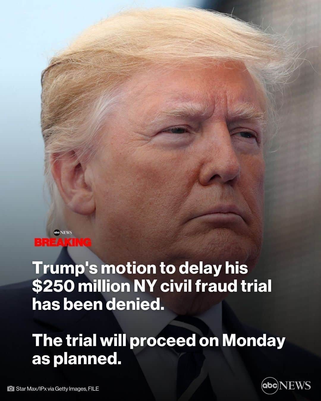 ABC Newsのインスタグラム：「NEW: The New York State Supreme Court's Appellate Division has denied former Pres. Trump’s motion to delay his fraud trial.  The New York attorney general’s $250 million fraud trial will proceed on Monday as planned.   Read more at the link in bio.」