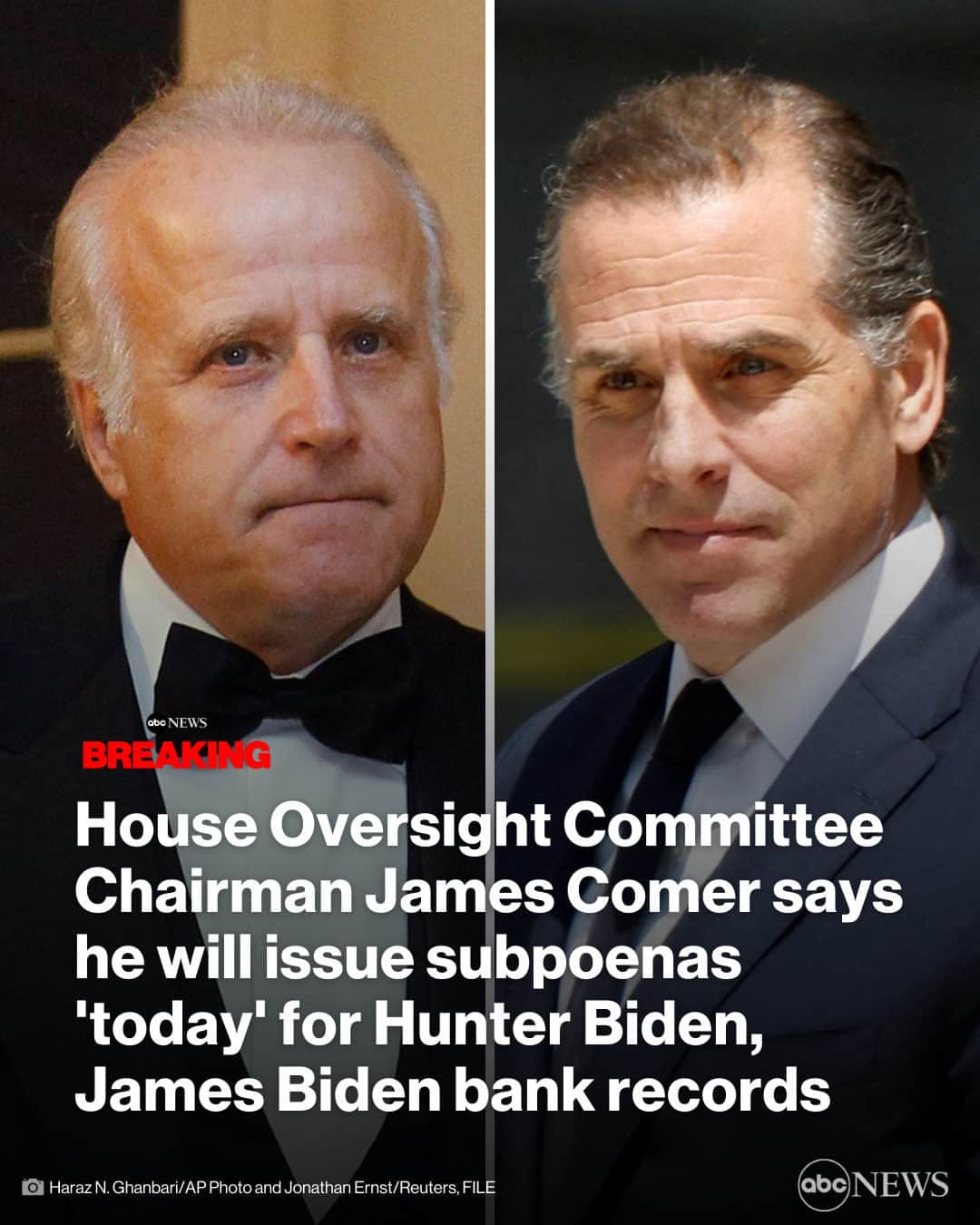 ABC Newsのインスタグラム：「BREAKING: House Oversight Committee Chairman James Comer announced he will issue subpoenas for bank records for Hunter Biden and James Biden as part of the House GOP impeachment inquiry into Pres. Biden. MORE AT LINK IN BIO.」