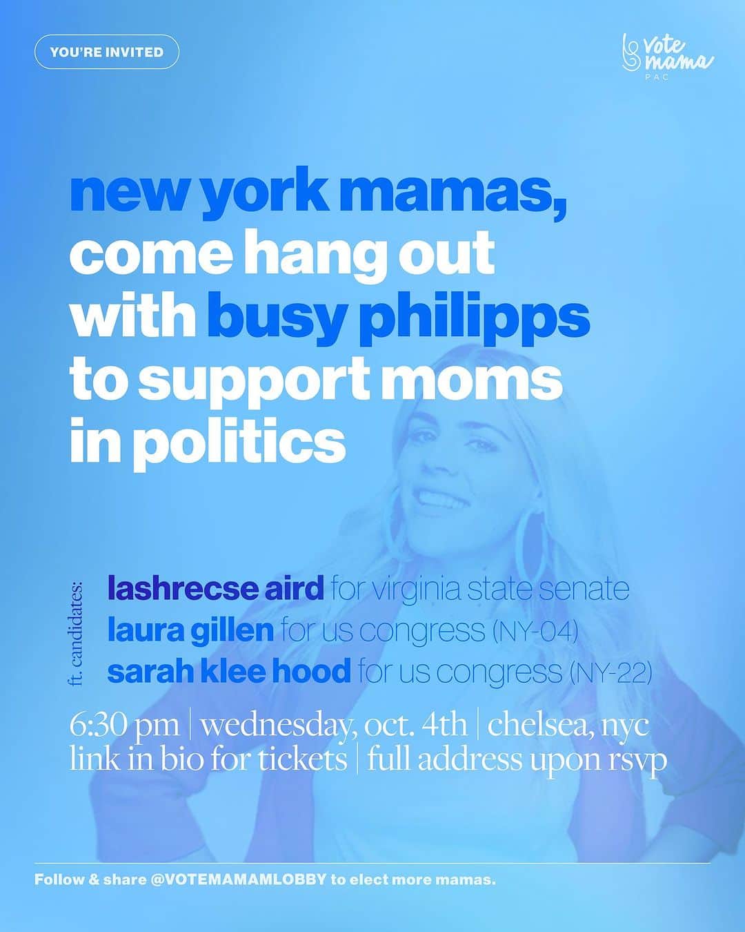 ビジー・フィリップスのインスタグラム：「NYC mamas: we’re having a party to save abortion + democracy (by electing moms!)   @busyphilipps will be there, so you know it’s mOtHeRTiMe (White Chicks reference, anyone?). Tickets will go fast, buy yours now via @votemamalobby bio link!  @laura.a.gillen and @sarahkleehoodny will be there to talk about winning back the House in 2024. And @lashrecseaird is visiting to explain what’s on the line in Virginia this year on November 7th (hint: it’s abortion).」