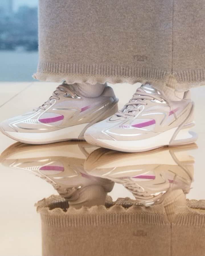 Fendiのインスタグラム：「Introducing the First 1 sneaker, an evolution of the Maison’s signature architectural heel, the Fendi First.  Launching worldwide on 5 October, the style is now available exclusively in select locations and at Fendi.com.  Artistic Director of Couture and Womenswear: @mrkimjones  Artistic Director of Accessories and Menswear: @silviaventurinifendi  Artistic Director of Jewellery: @delfinadelettrez   Styling: @elliegracecumming Hair: Shingo Shibata Makeup: Kiki Gilford  Casting: @shelleydurkancasting Models: Sijia Kang, Aleyna Fitzgerald  Direction: @hannamoon69 Soundtrack: @pandorasjukebox  Set: @mattjacksonmattjackson」