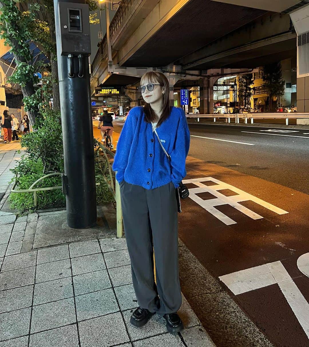 さやべびのインスタグラム：「・ ・ ・ 初めて購入品コーデとか最近撮っちゃった📸  次はvlogみたいなのも撮ろうかな〜 ・  #秋コーデ  #秋服  #ニットカーディガン #ニット  #キレイめコーデ   #ハイトーン #ハイトーンカラー   #ブルーコーデ」