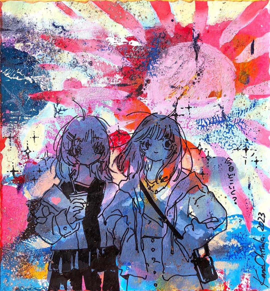 大槻香奈のインスタグラム：「「今日どこいく？」2023年 157×145mm 紙・アクリル・マーカー  -  京都でグループ展、明日から‼️「陽だまりに集う」京都ライト商會にて、どうぞよろしくお願い申し上げます🙇‍♀️✨✨（会期中3日間在廊予定です！）  9月29日(金)～10月1日(日)開催 12時～19時 ※最終日～17時　  会場:ライト商會 https://x.com/wrightshokai 企画:神保町画廊 https://jinbochogarou.com/  【参加作家】池田はるか／大槻香奈／近未来／七菜乃／村田兼一 TEACHA(紅茶、ハーブティー専門店)  本展は、様々な異なるジャンルの作家5人と紅茶店による「集い」をテーマにした展覧会です。コロナの状況下で、それまでの時代と比べれば、人々の集いには独特の緊張感が生まれるようになったと思います。理想的な「集い」とはどんなものでしょうか？たとえばそれは、お茶会のようなものかもしれません。お茶会は、ひとつの場所でお茶を頂く行為を通じて、互いの思想や立場の違いをやんわりと許容し、無言のうちに認め合うコミュニケーション手段のひとつと言えるかもしれません。そんなテーマのもと、ある種の理想郷に向かう様々な表現をお届けいたします。昼下がりの陽だまりのなか、自然と集まってきた人達とお茶をするように、本展に身を委ねて、自分の理想と他者との違いとを見つけながら、この場を楽しんで頂けましたら幸いです。（参加作家・大槻香奈）  ※本展はヌード表現を含みます。  -  #artwork #artist #illustration #illust #drawing #illustrator #girl #acrylic #acrylicpaint #painting #painter #少女」