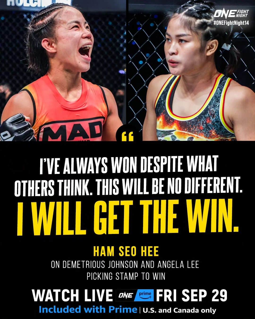 ハム・ソヒのインスタグラム：「Don't underestimate "Hamzzang" 💪 Can Ham Seo Hee claim the biggest prize of her career when she takes on Stamp at ONE Fight Night 14? 🏆 @ham.zzang⁠ ⁠ #ONEFightNight14 | Friday at 8PM ET⁠ 🇺🇸🇨🇦 Watch live on Prime 👉 Link in bio⁠ 🌍 Live TV broadcast in 190+ countries (check local listings)⁠ 🌍 Also available on Watch.ONEFC.com (geo-restrictions may apply)⁠ 🌍 Also available on ONE YouTube and ONE Facebook (geo-restrictions may apply)⁠ ⁠ #ONEChampionship #MartialArts #MMA」