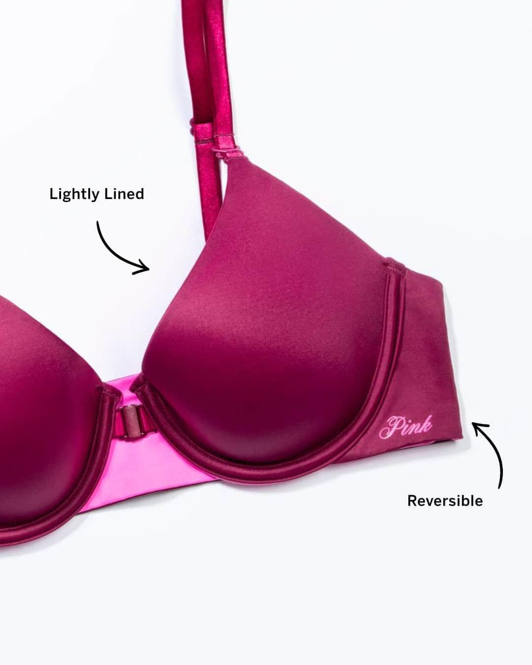 Victoria's Secret PINKのインスタグラム：「The NEW PINK Flip It Bra has a 2-in-1 reversible design so you can change your mind about what color you’re wearing whenever you want. We get it, commitments can be tough.」