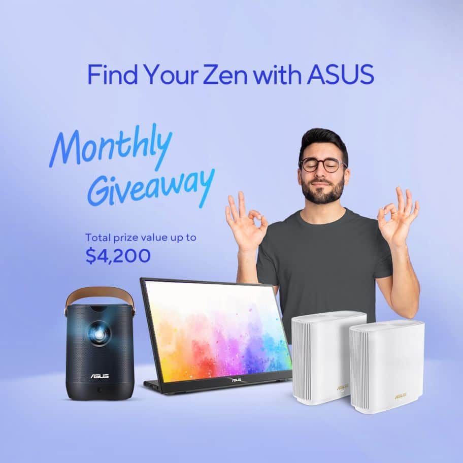 ASUSのインスタグラム：「A ZEN-TASTIC GIVEAWAY?📣 ⁣ ⁣ 🙋🏼‍♂️YES! #FindYourZenWithASUS contest awaits you with amazing prizes! ⁣ ⁣ Zen-dulge yourself with the chance to win #ZenWiFi mesh router📶, #ZenScreen portable monitor🖥️, or #ZenBeamL2 portable projector📽️. ⁣ ⁣ 🏃🏼‍♂️Let's go👉🏼 https://asus.click/FindYourZen ⁣」