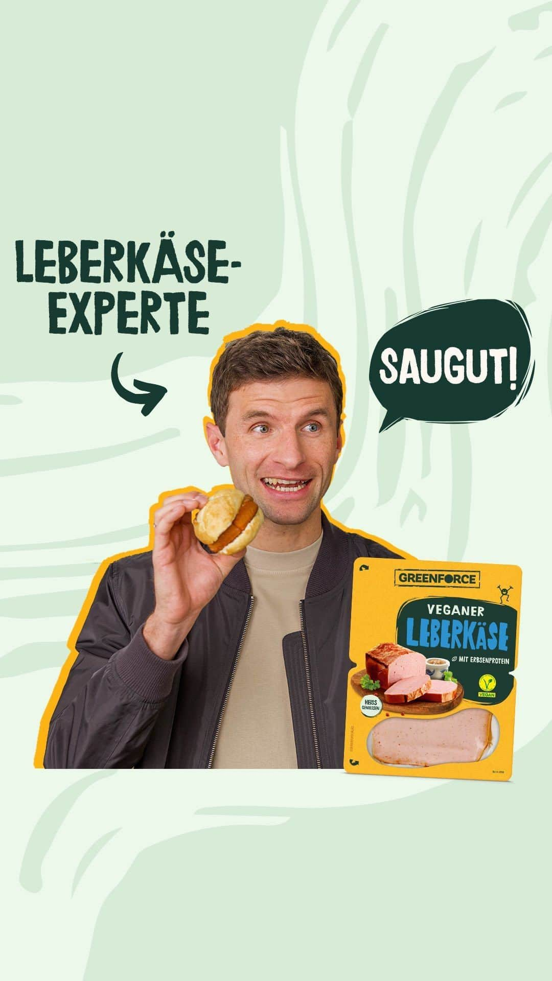 トーマス・ミュラーのインスタグラム：「Anzeige / Servus! Kennst Du schon den pflanzlichen Leberkäse von @greenforce.food ?   Ich durfte ihn als erster probieren. Was soll ich sagen? Er schmeckt wie das Original: saugut (ganz ohne Sau! 😜).    Den pflanzlichen Leberkäse gibt’s jetzt deutschlandweit in vielen @rewe Märkten und sogar auf der Wiesn.   Also, probier’s doch auch mal pflanzlich! 💪😉   #greenforcefood #probierspflanzlich #veganerleberkäse」