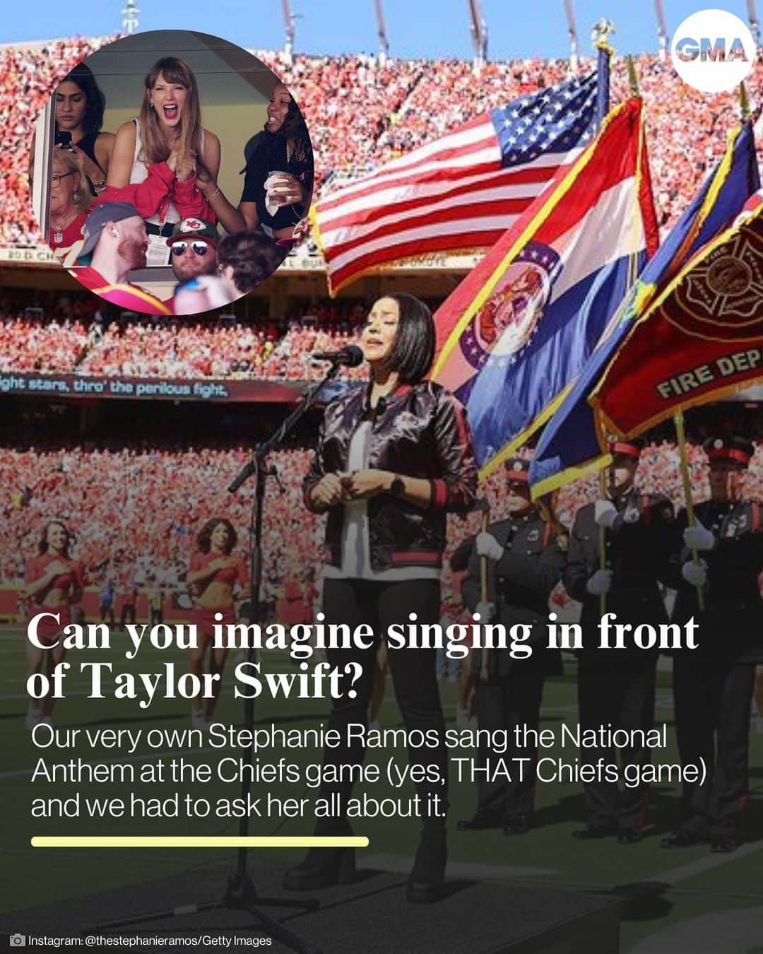 Good Morning Americaさんのインスタグラム写真 - (Good Morning AmericaInstagram)「Our very own @thestephanieramos sang in front of @taylorswift at THAT @chiefs game and we needed all the details! 😍  #taylorswift #traviskelce #chiefs #football #nfl #nationalanthem」9月28日 23時13分 - goodmorningamerica