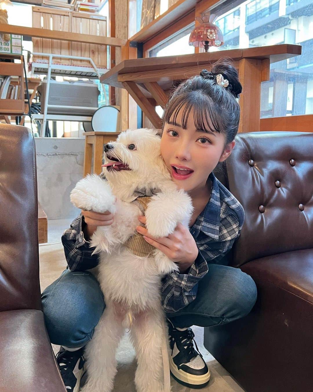 えみ姉のインスタグラム：「ㅤ ㅤ まだ目ぶちばれてるけどメイク楽しんでる♡♡笑 ㅤ チェックシャツ似合わないけど 秋になると着たくなるやんな🍂🙄 ㅤ ㅤ #秋コーデ #スキニー #チェックシャツ #お団子ヘア #カジュアルコーデ #スニーカーコーデ #nike #ポメプー #マルポメ #ポメラニアン #プードル #愛犬」