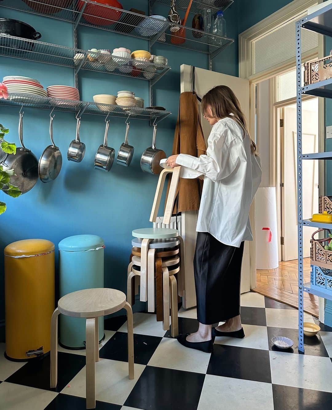 Artekのインスタグラム：「Colourful inspiration by @alfredbramsen who recently photographed a dedicated selection of Stool 60 in his home. Thank you so much for these lovely images. ⁠ Alfred is also doing a raffle to win a voucher for our Stool 60 online store, so better be quick :)⁠ ⁠ Get a Stool 60 for your home via shop.artek.fi⁠ ⁠ #90yearsofstool60」