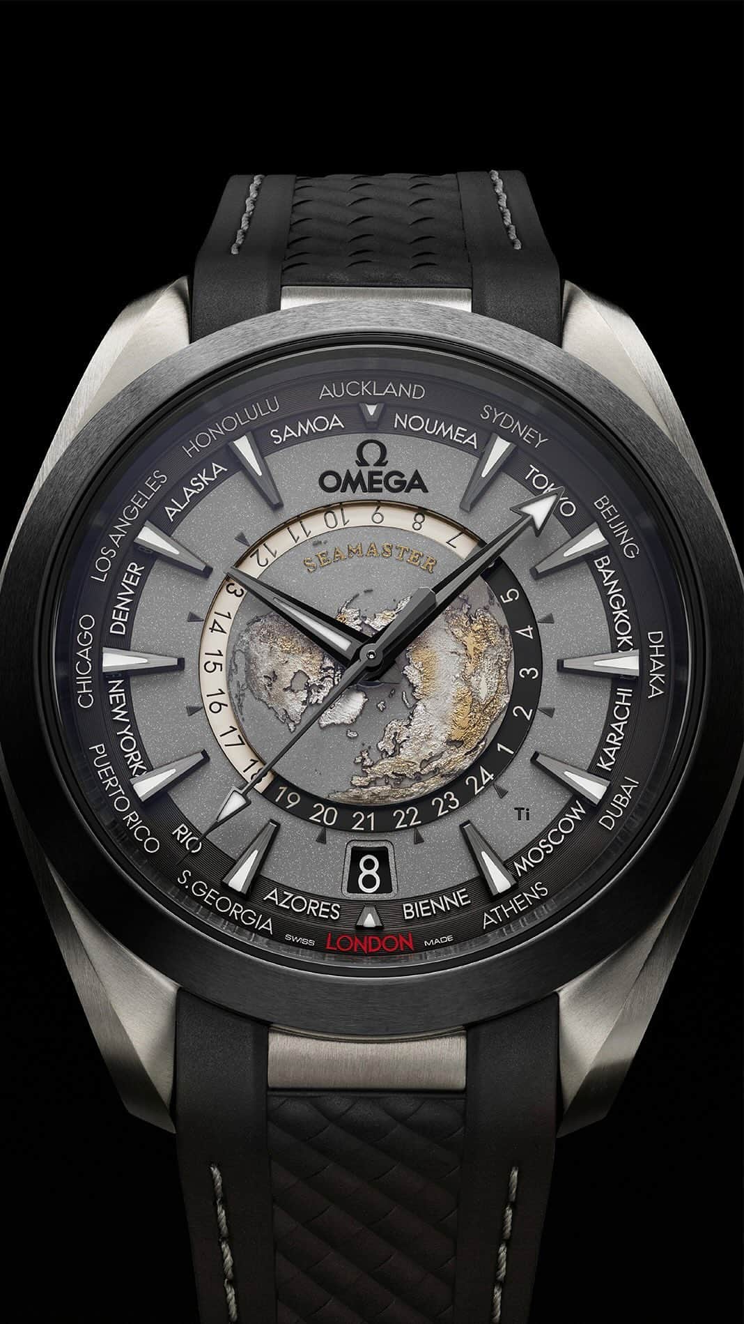 オメガのインスタグラム：「With every look, the Worldtimer dial reveals something new. Get up close to our titanium model and choose a destination for your next adventure.  #OMEGA  #Seamaster  #WorldTimer」