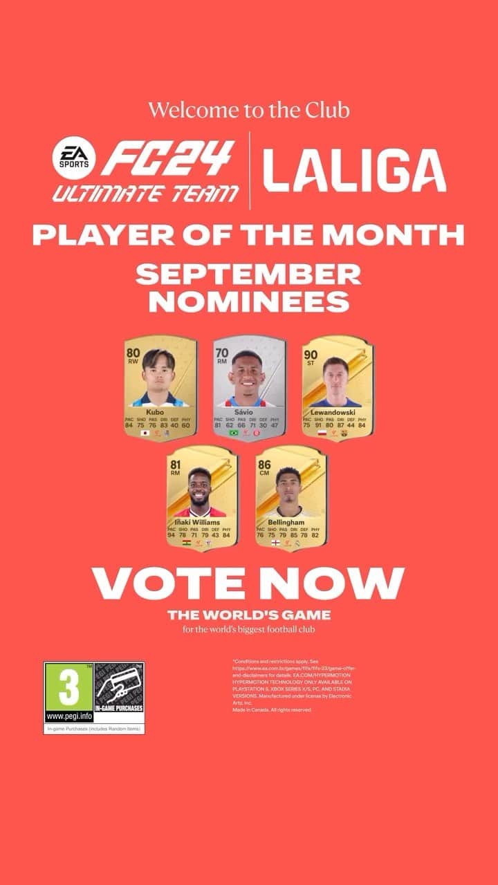 LFPのインスタグラム：「These are the nominees for September’s PLAYER OF THE MONTH in #LALIGAEASPORTS!  🌟 @takefusa.kubo  🌟 @savinho 🌟 @_rl9  🌟 @williaaaams11  🌟 @judebellingham   #LALIGAPOTM @easportsfc  #PREMIOSLALIGA」