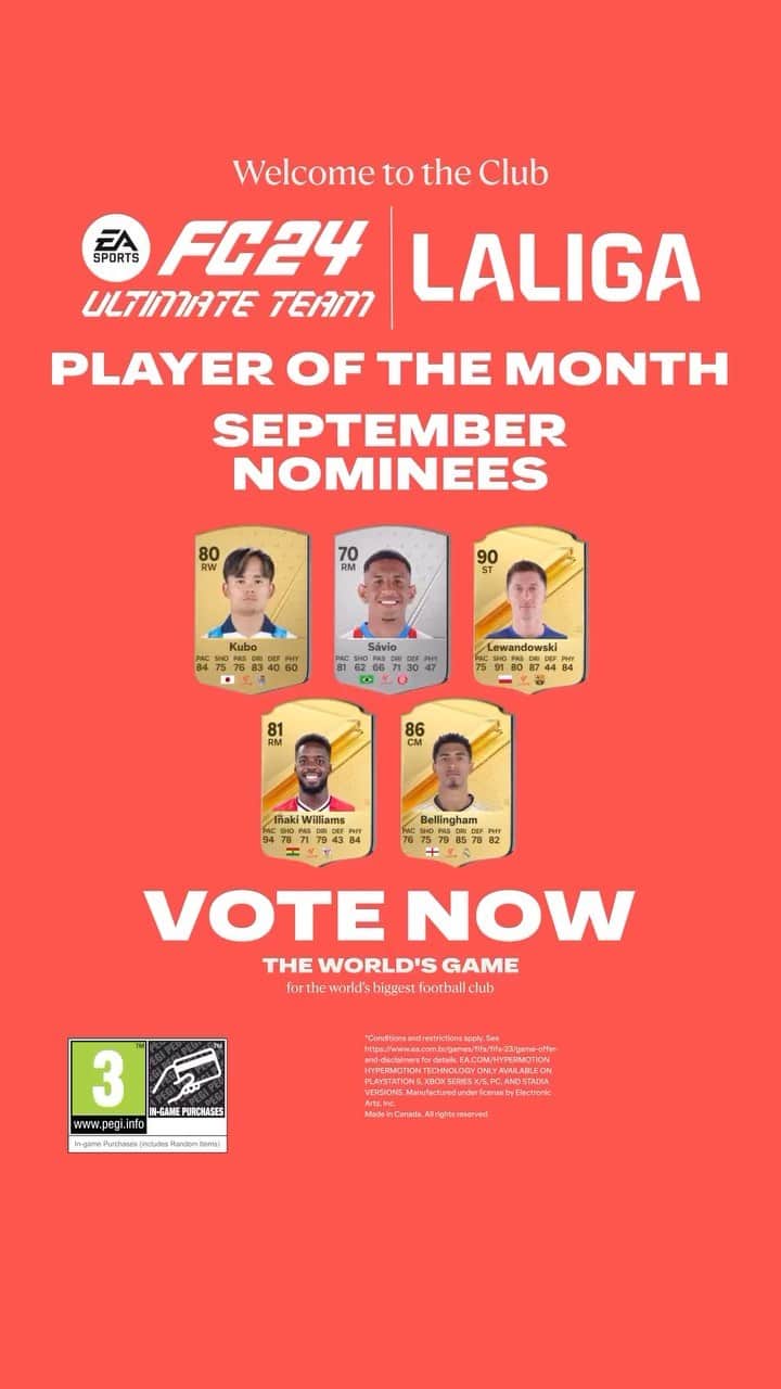 のインスタグラム：「These are the nominees for September’s PLAYER OF THE MONTH in #LALIGAEASPORTS!  🌟 @takefusa.kubo  🌟 @savinho 🌟 @_rl9  🌟 @williaaaams11  🌟 @judebellingham   #LALIGAPOTM @easportsfc  #PREMIOSLALIGA」