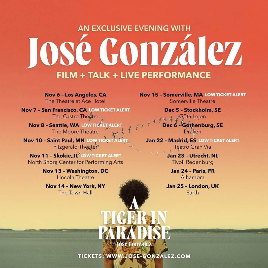 ホセ・ゴンザレスのインスタグラム：「Low ticket alert for my upcoming US tour and exciting new dates in Sweden, France, and the UK! Join us for an evening featuring a screening of "A Tiger In Paradise," a discussion between me and director @mikelceekarlsson, and a live performance of several songs.」